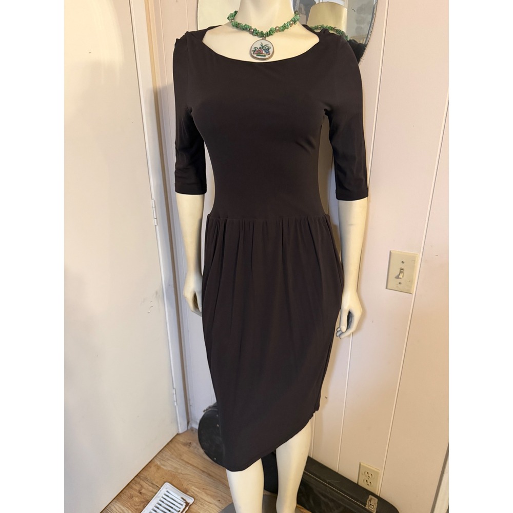 Charles Nolan New York 100% Silk Brown Midi Dress Pockets 3/4 Sleeve Size M